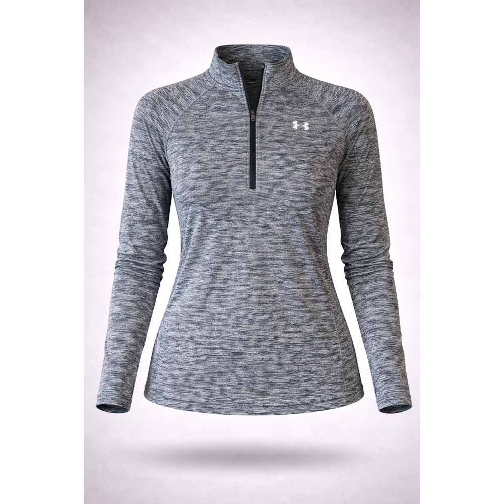 Under Armour Womens HeatGear Quarter Zip Pullover Space Dye Grey Black Large